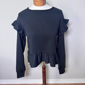 Eva Castillo Black Ruffled Long Sleeve Top Womens Size M